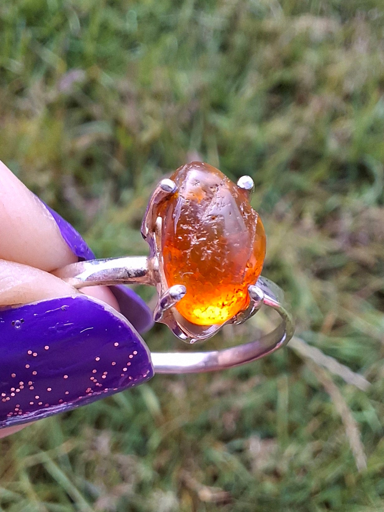 Baltic Amber Ring, size large W, 925 Silver, Fossil (Ref: AR29)