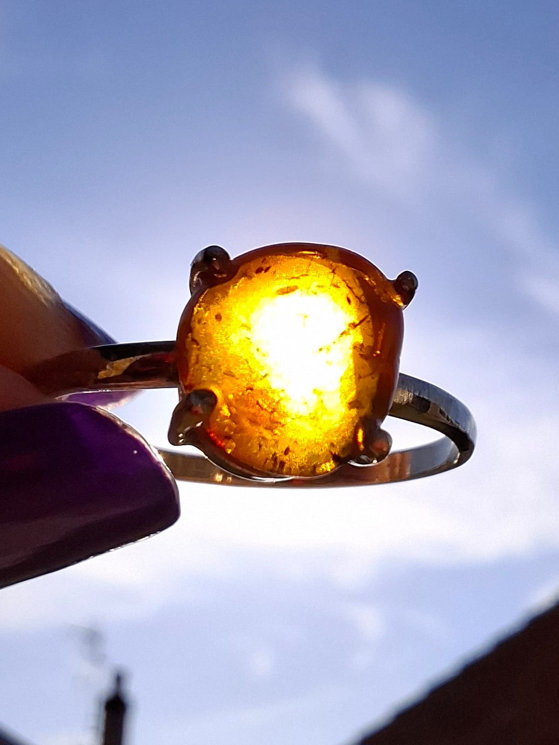 Baltic Amber Ring, size large W, 925 Silver, Fossil (Ref: AR27)