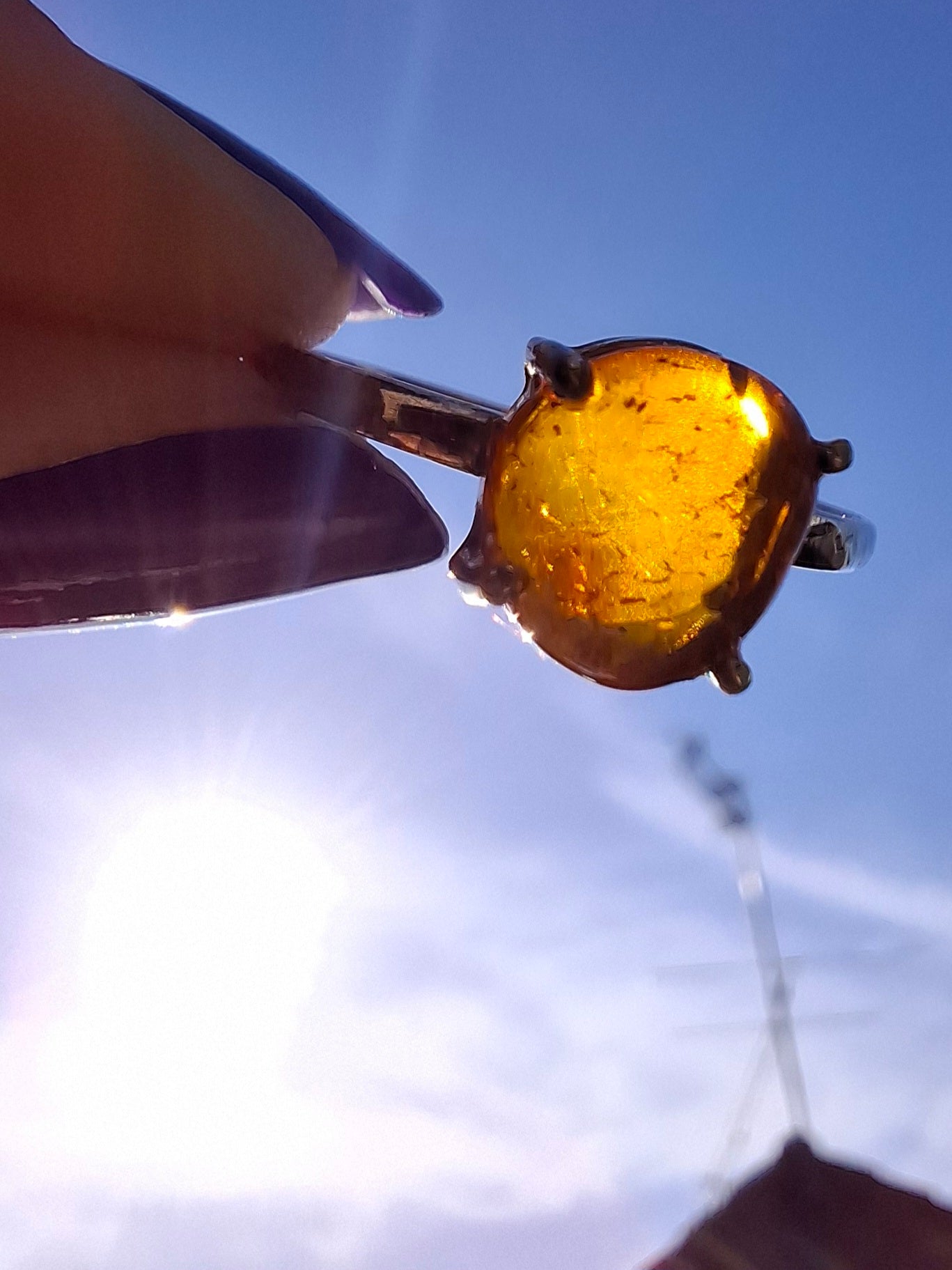 Baltic Amber Ring, size large W, 925 Silver, Fossil (Ref: AR27)