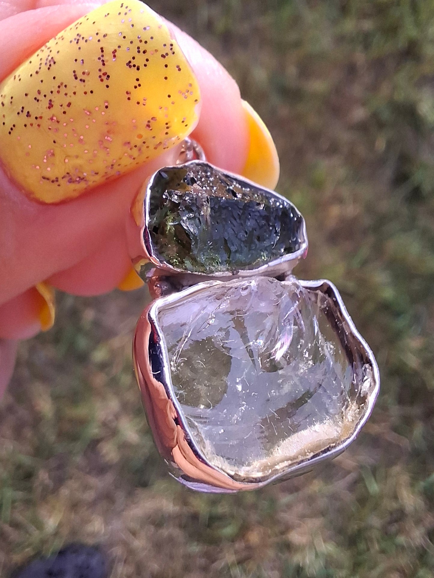 Moldavite & Libyan Desert Glass Pendant, 925 Silver, Tektite (Ref: MLP14)