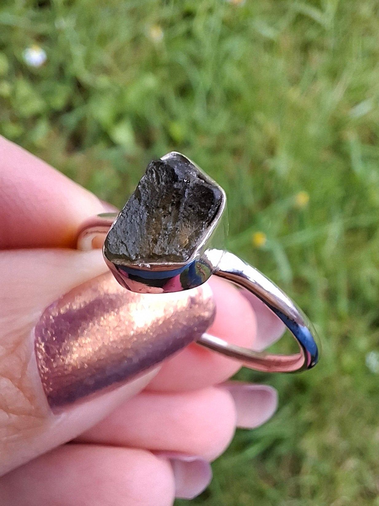 Moldavite Ring, size small W, 925 Silver, Tektite (Ref: R59)