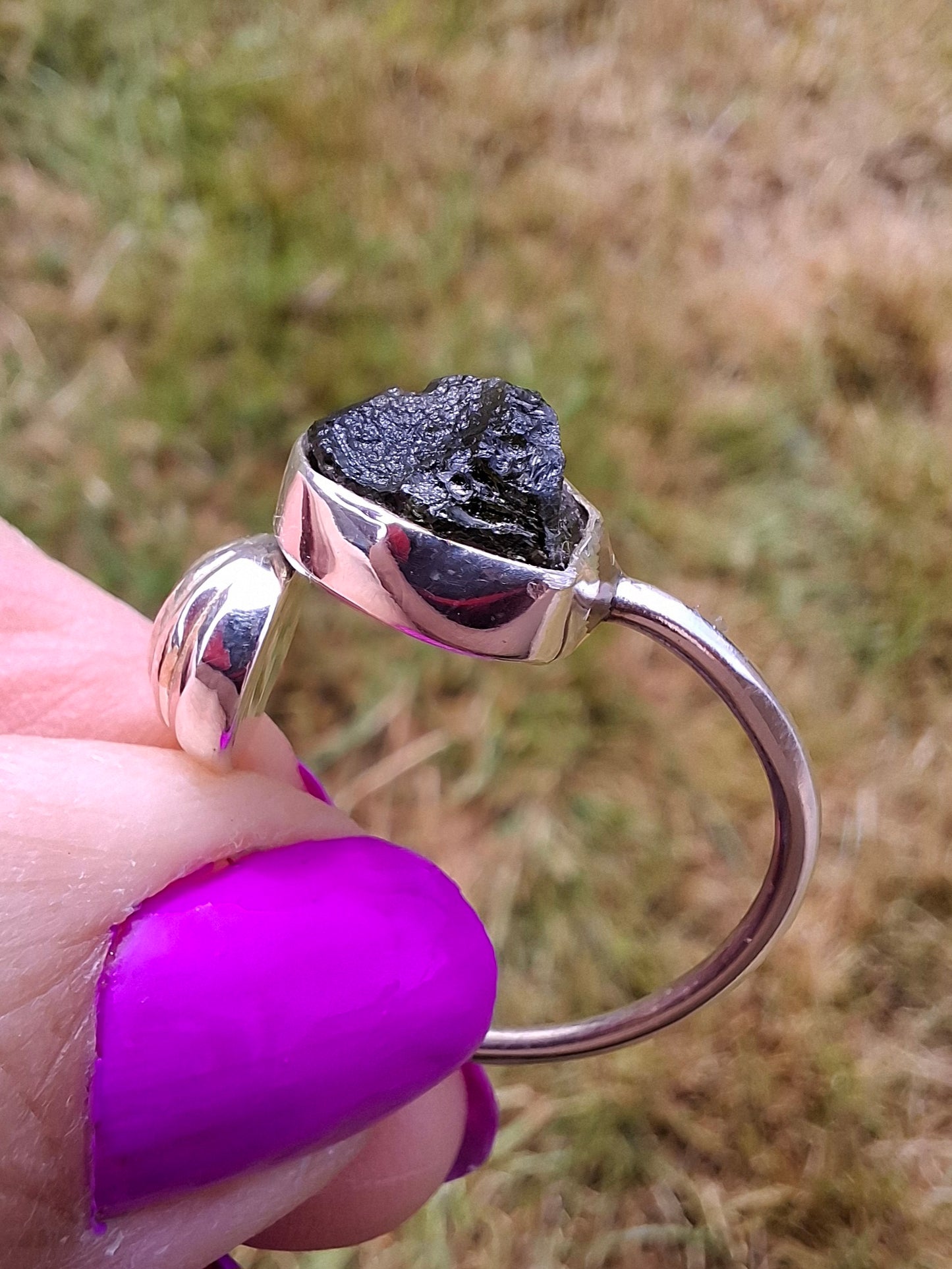 Moldavite ADJUSTABLE Ring, size large V/small W, 925 Silver, Tektite (Ref: AR51)
