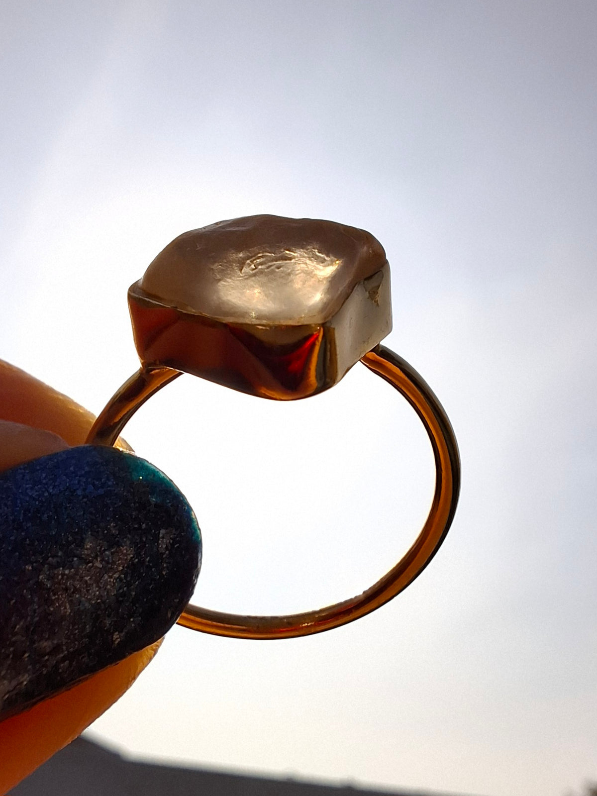 Libyan Desert Glass Ring, 14K GOLD Plated, size large P, Tektite (Ref: LR67)