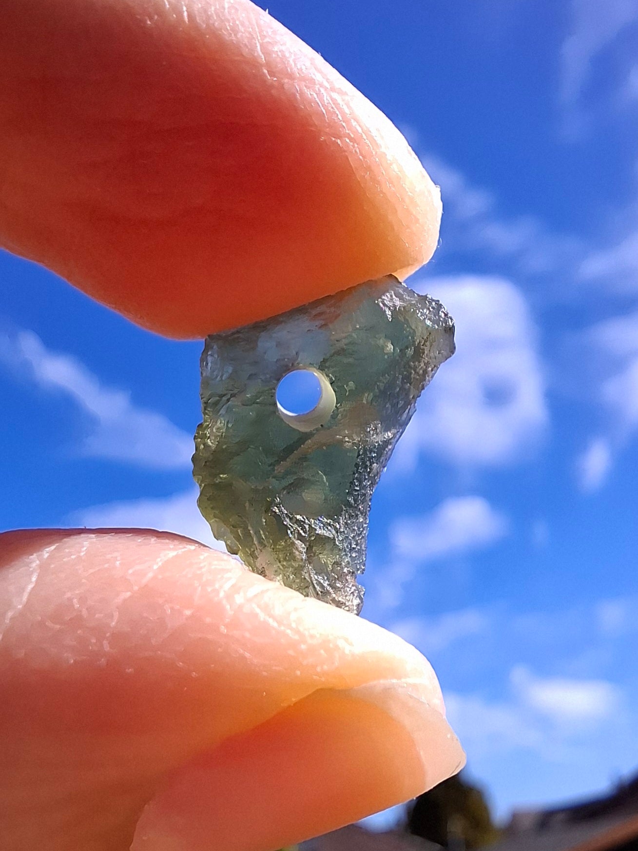 DRILLED, Moldavite Piece, 0.75g, Tektite (Ref: D23)