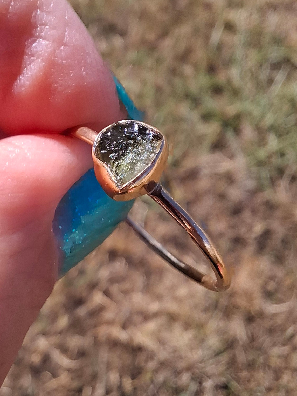Moldavite Ring, 14K GOLD Plated, size U, Tektite (Ref: R348)