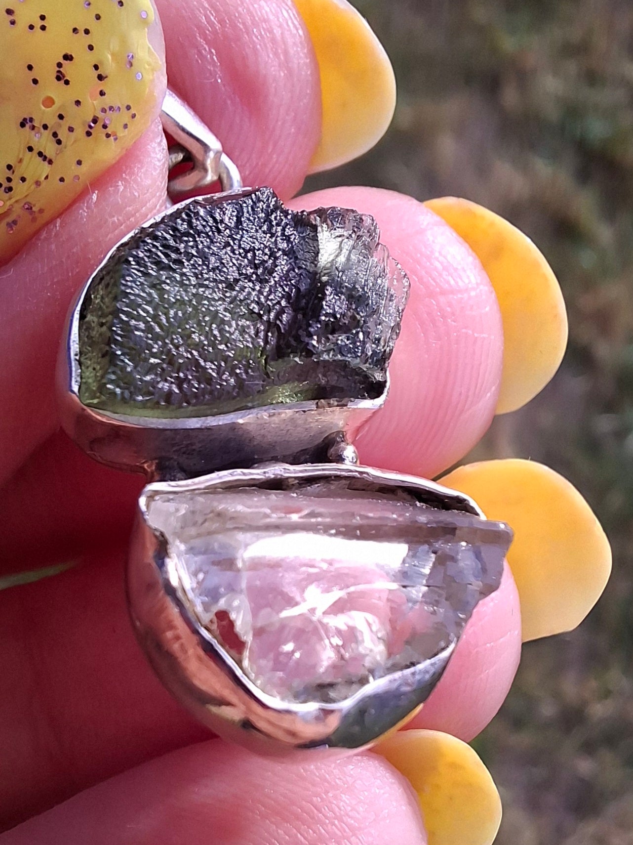 Moldavite & Libyan Desert Glass Pendant, 925 Silver, Tektite (Ref: MLP17)