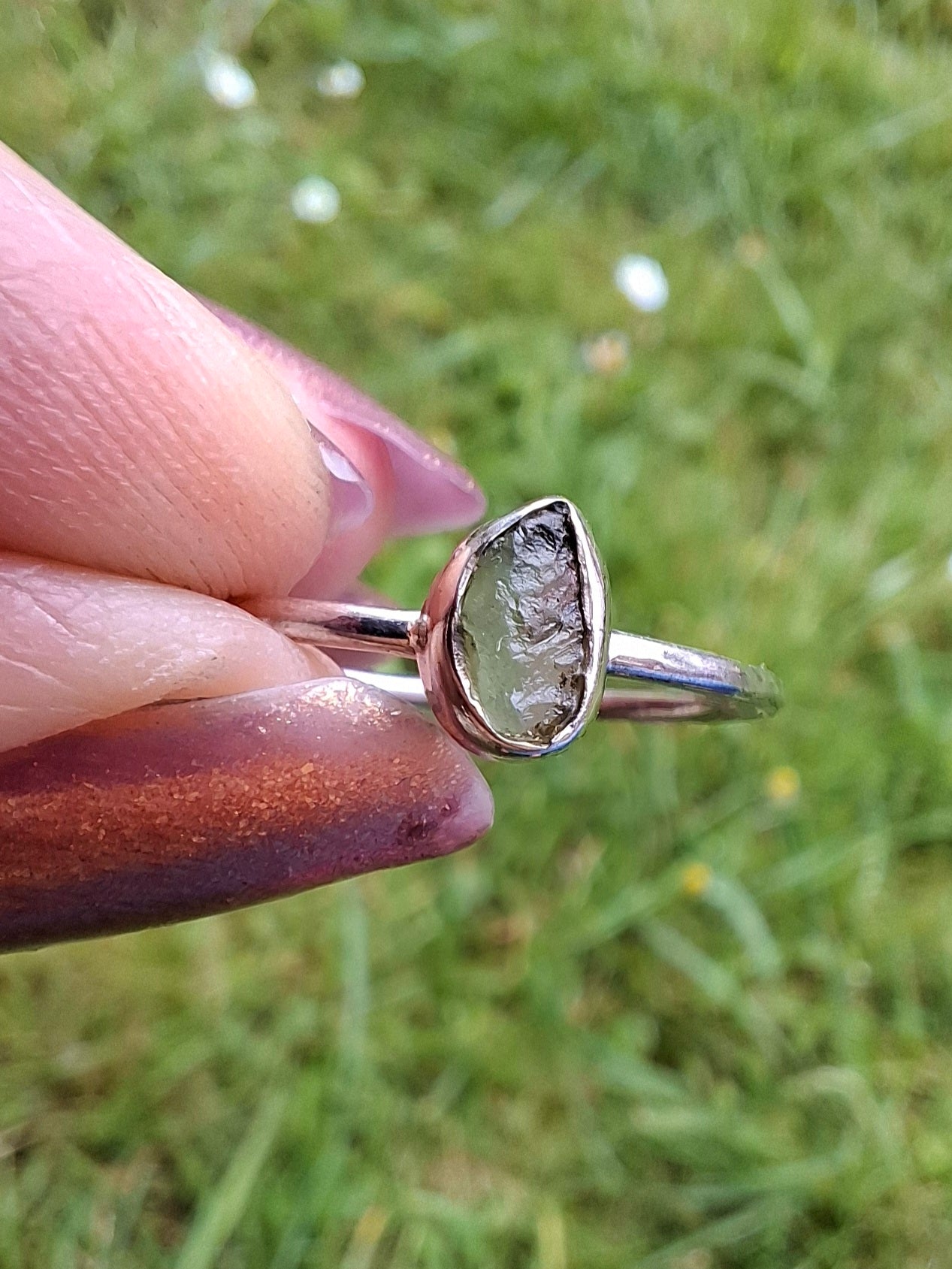Moldavite Ring, size small T, 925 Silver, Tektite (Ref: R69)