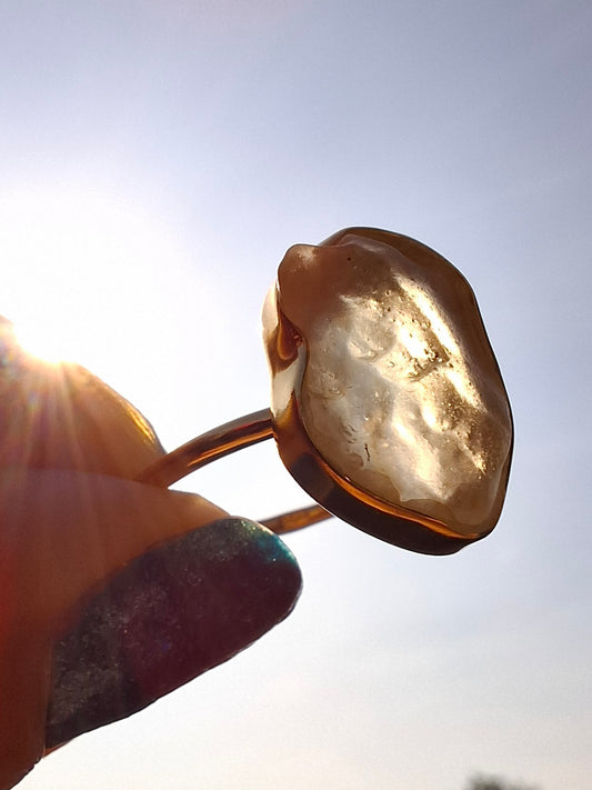 Libyan Desert Glass Ring, 14K GOLD Plated, size large S/small T, Tektite (Ref: LR82)