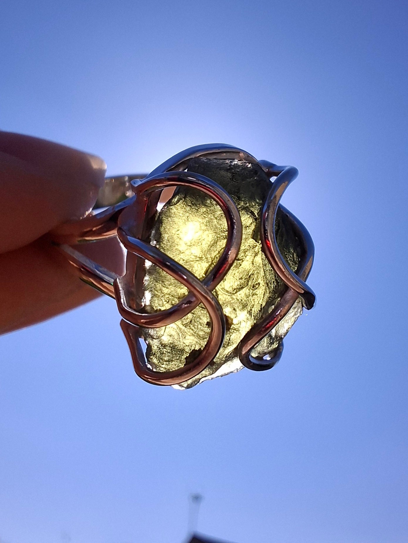 Moldavite Ring, size S, 925 Silver, Tektite (Ref: R12)