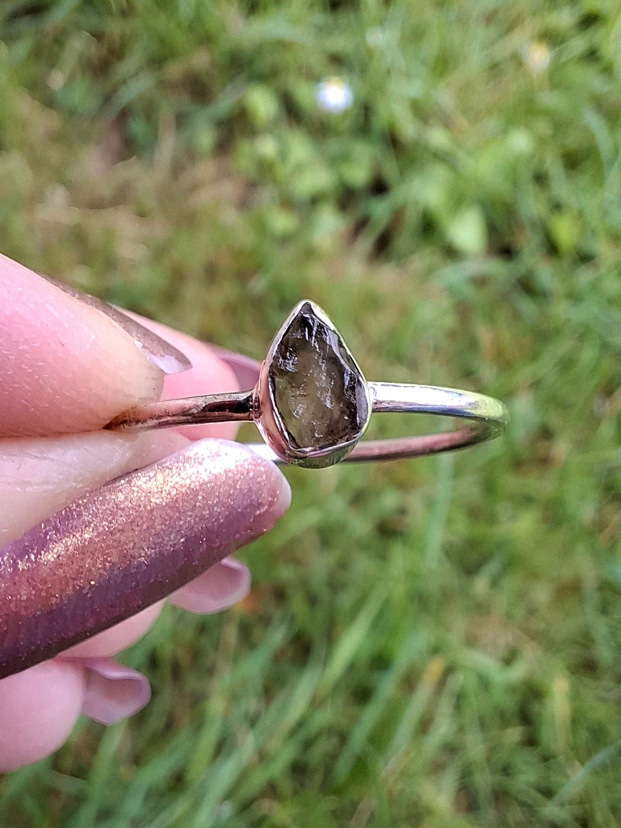 Moldavite Ring, size Q, 925 Silver, Tektite (Ref: R45)
