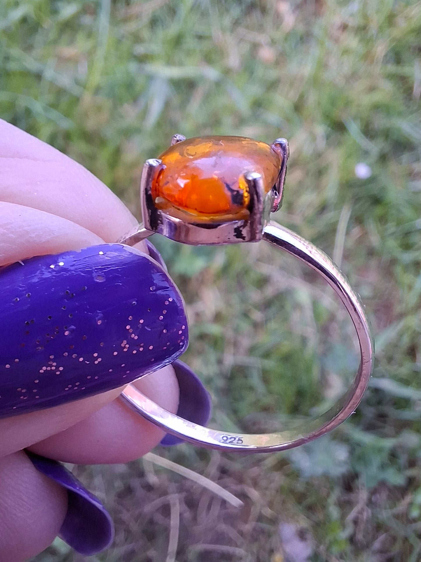 Baltic Amber Ring, size large W, 925 Silver, Fossil (Ref: AR27)