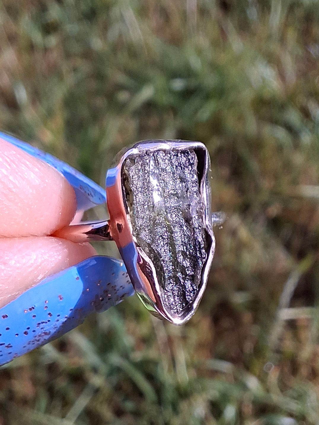 Moldavite Ring, size Large G, 925 Silver, Tektite (Ref: R18)