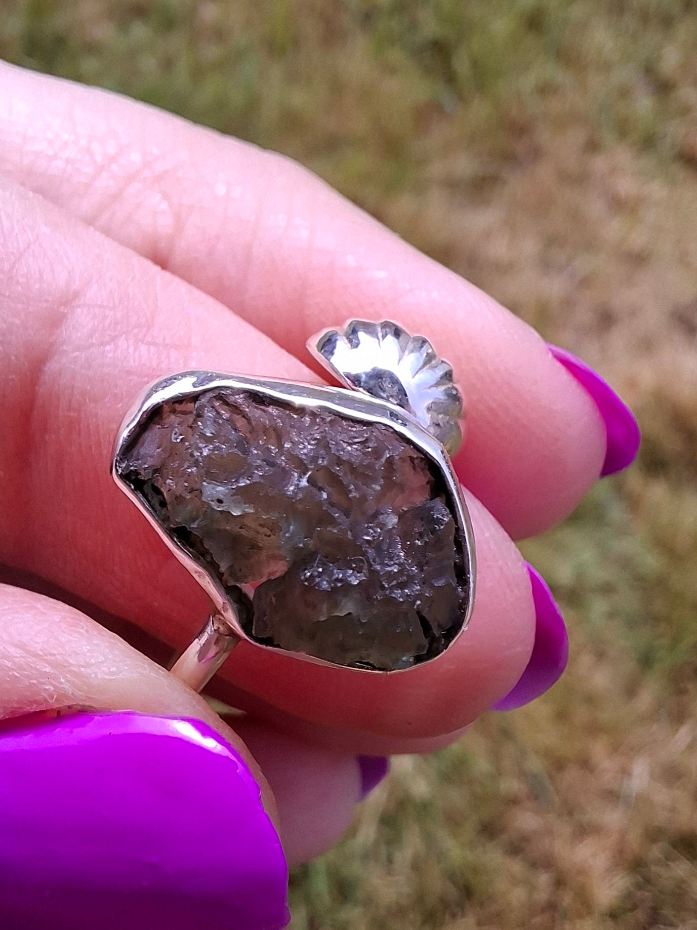 Moldavite ADJUSTABLE Ring, size large R, 925 Silver, Tektite (Ref: AR49)