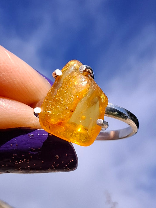 Baltic Amber Ring, size large R, 925 Silver, Fossil (Ref: AR15)