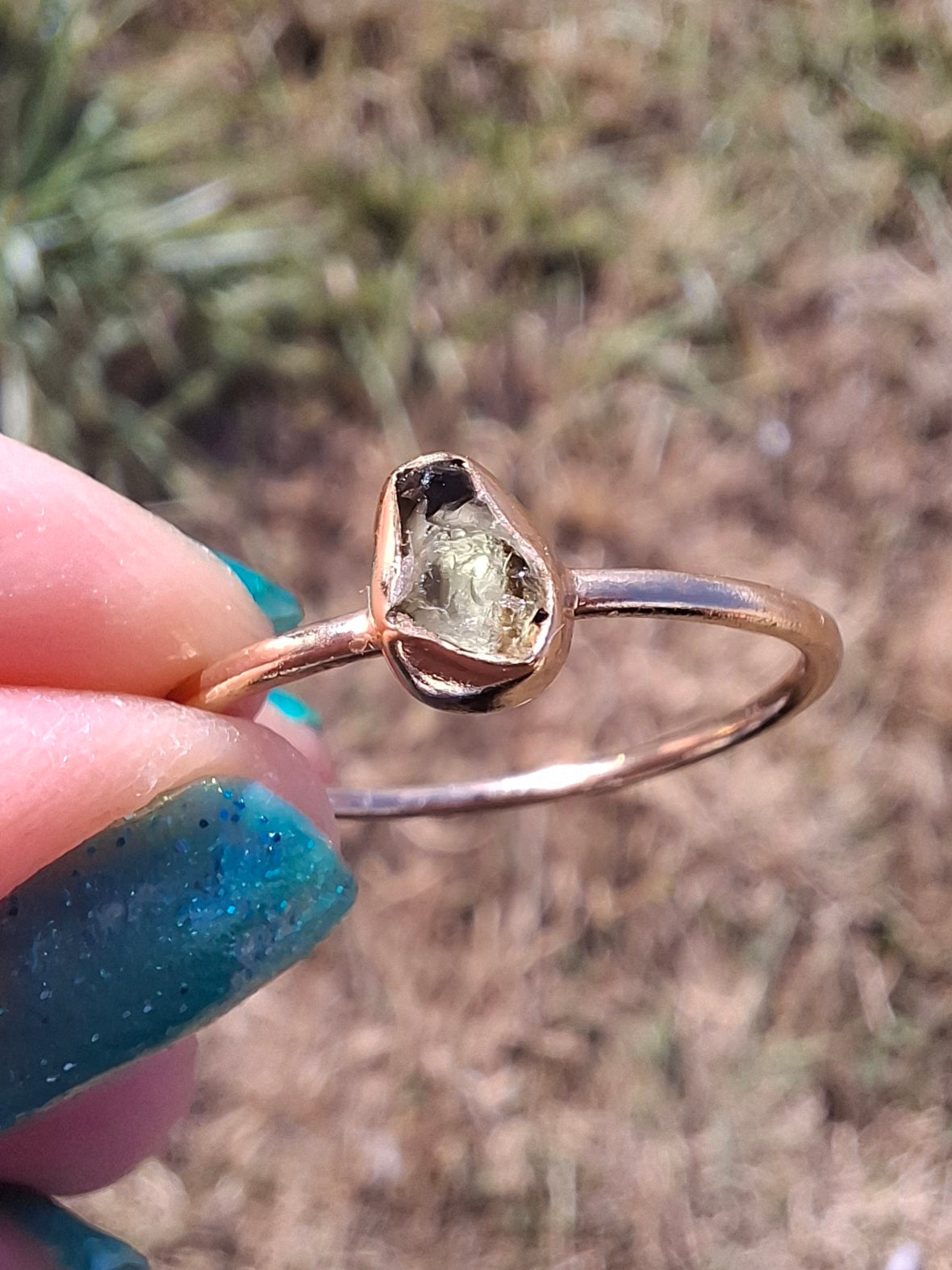 Moldavite Ring, 14K GOLD Plated, size large T, Tektite (Ref: R350)
