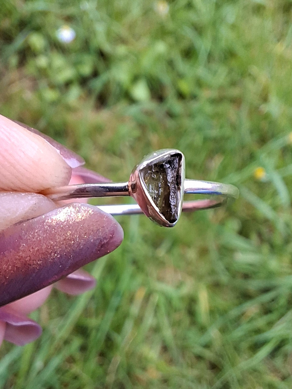 Moldavite Ring, size small T, 925 silver, Tektite (Ref: 56)