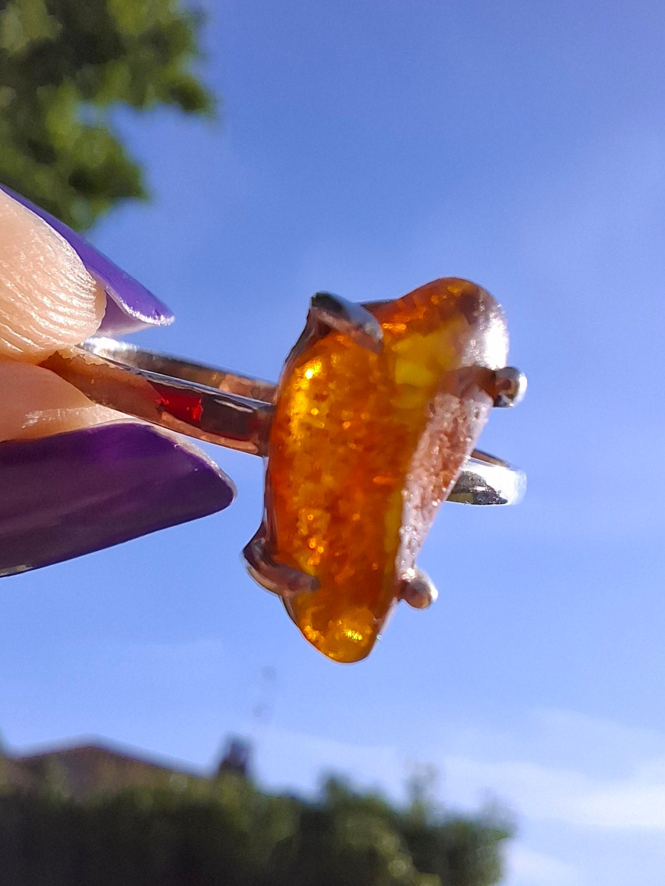 Baltic Amber Ring, size large V, 925 Silver, Fossil (Ref: AR26)