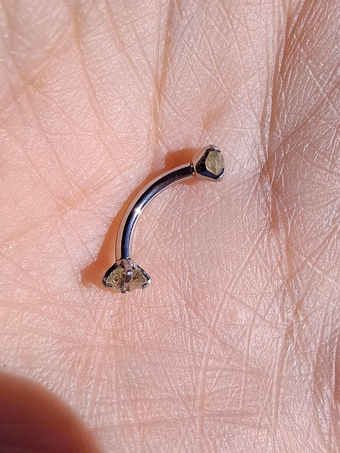 Moldavite (raw) CURVED BARBELL eyebrow body bar, 16G, Surgical steel, Tektite (Ref: CB1)
