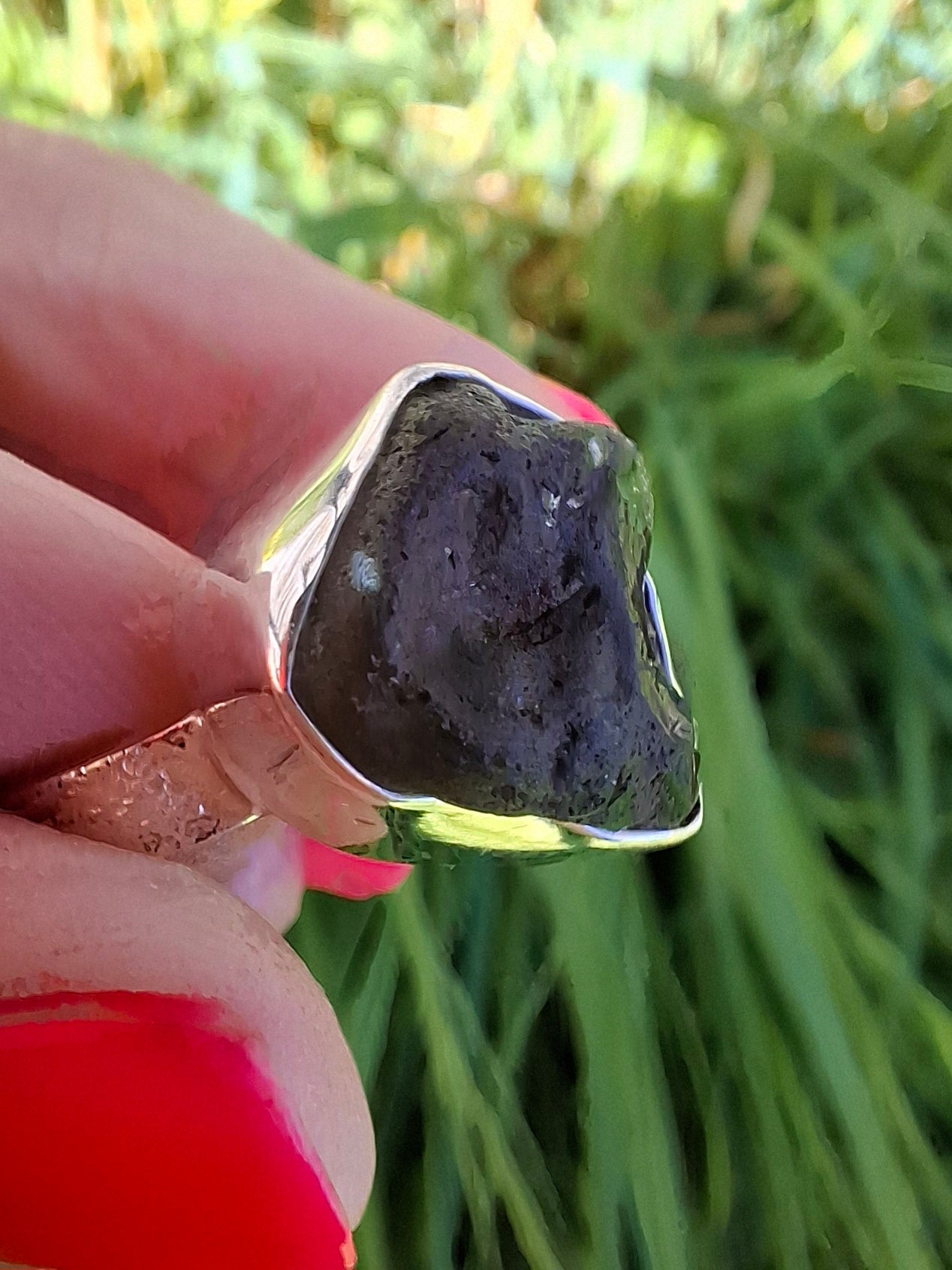 Moldavite Ring, size R, 925 Silver, Tektite (Ref: R317)