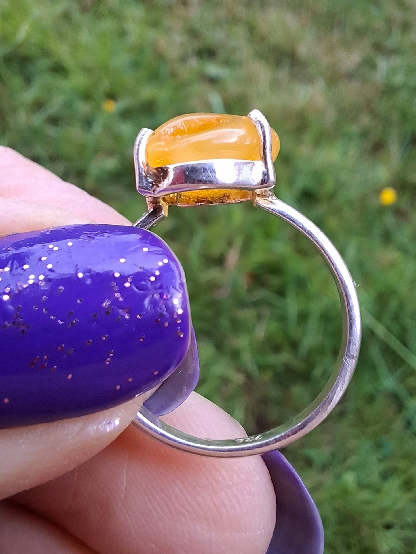 Baltic Amber Ring, size large L, 925 Silver, Fossil (Ref: AR2)