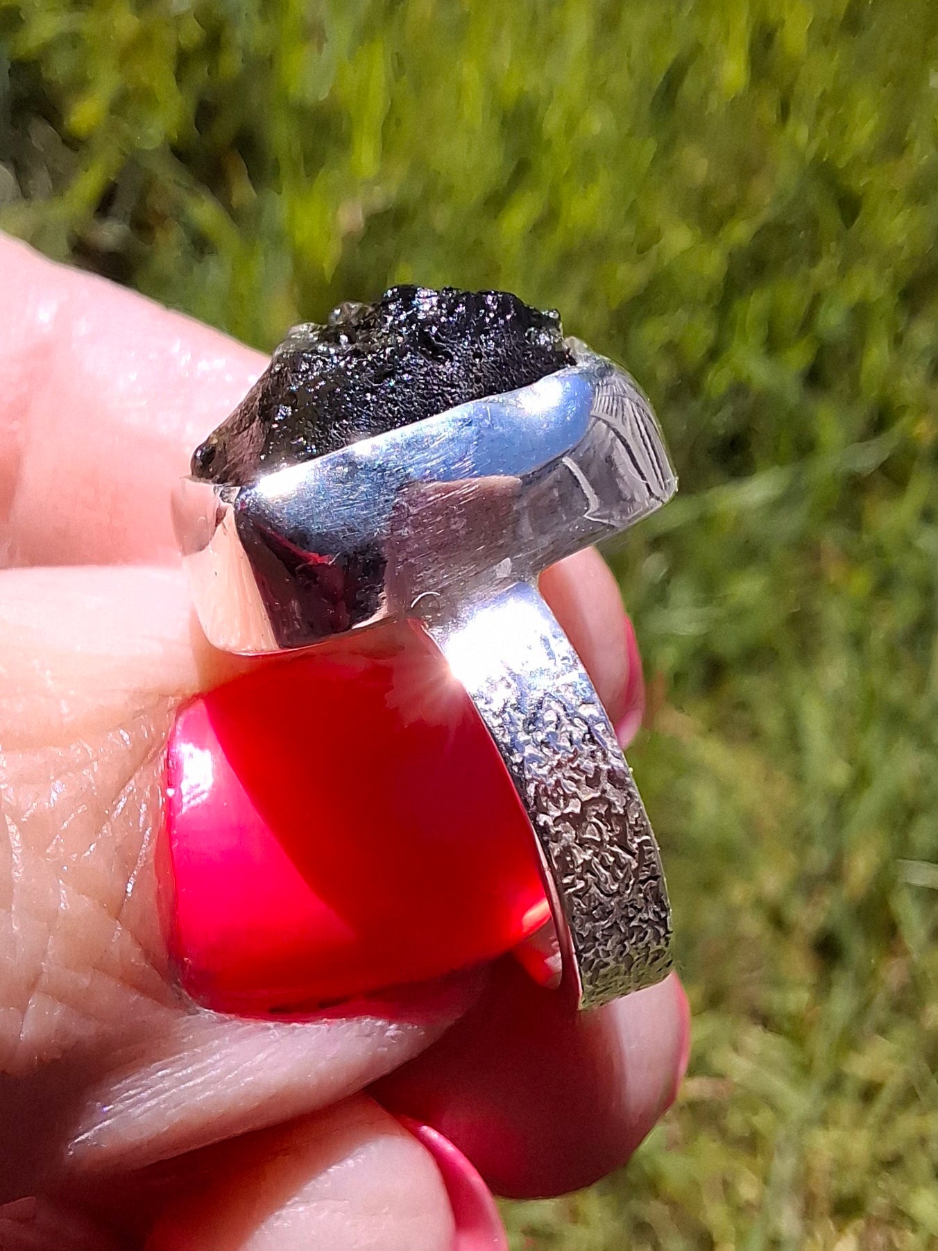 Moldavite Ring, size large G/small H, 925 Silver, Tektite (Ref: R293)