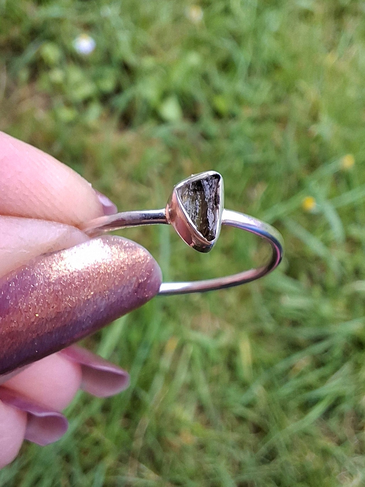 Moldavite Ring, size small T, 925 silver, Tektite (Ref: 56)