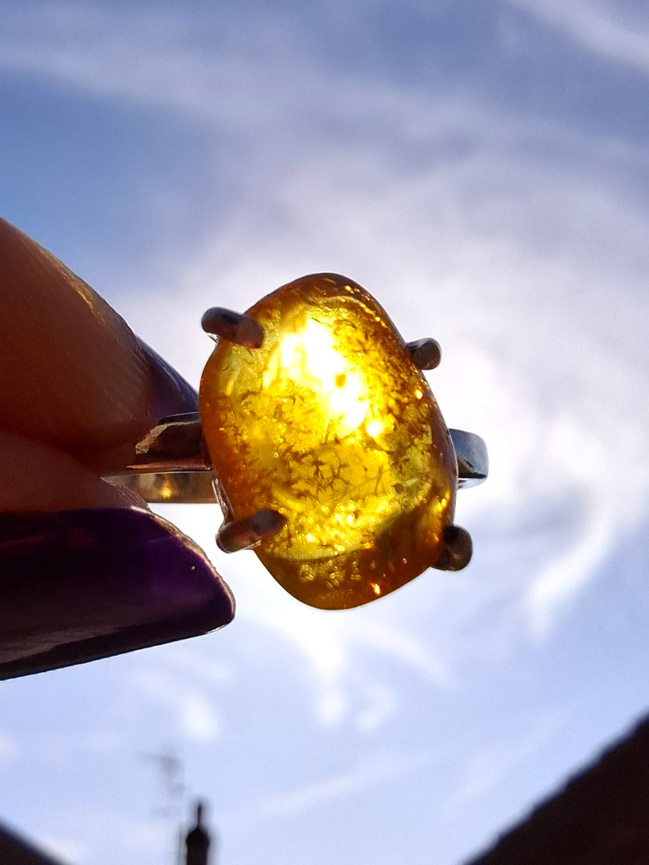 Baltic Amber Ring, size large O, 925 Silver, Fossil (Ref: AR12)