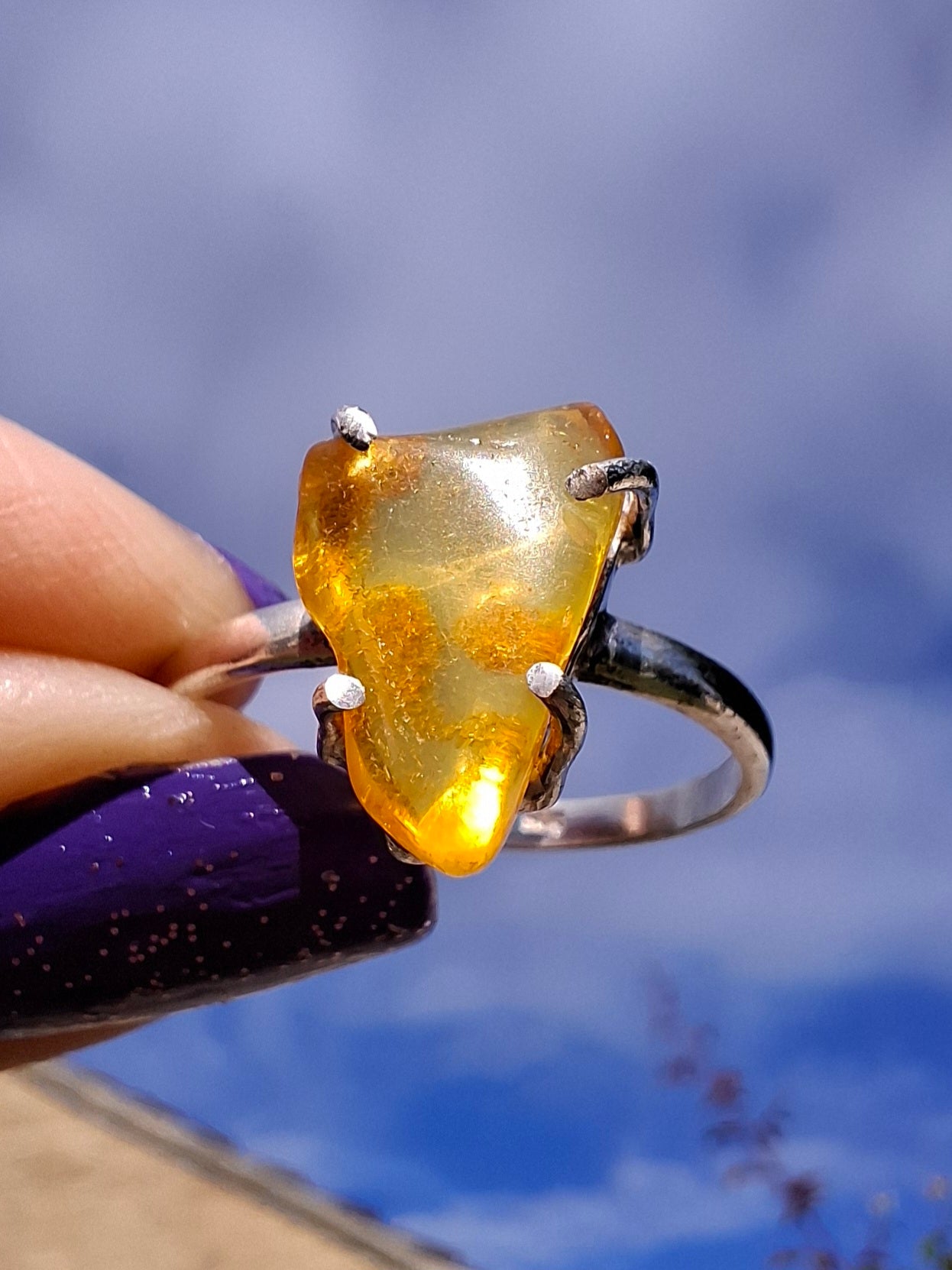 Baltic Amber Ring, size large U, 925 Silver, Fossil (Ref: AR21)