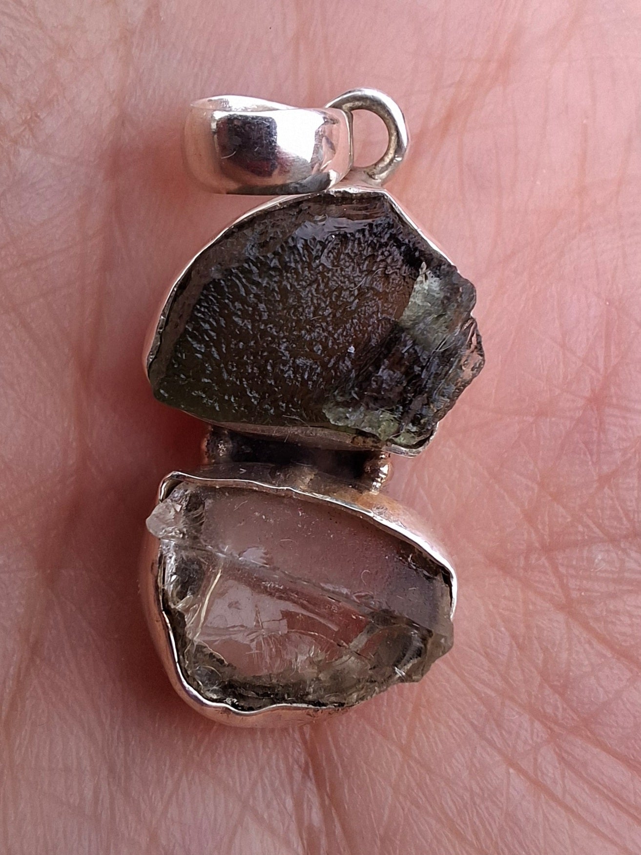 Moldavite & Libyan Desert Glass Pendant, 925 Silver, Tektite (Ref: MLP17)