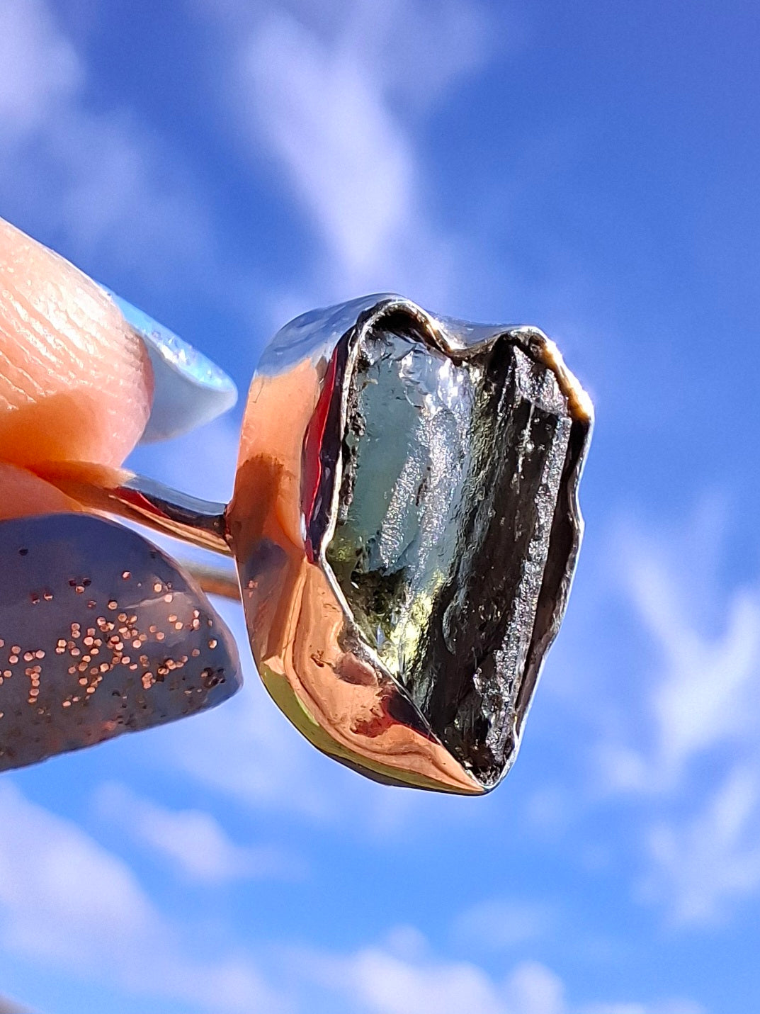 Moldavite Ring, size large N, 925 Silver, Tektite (Ref: R25)