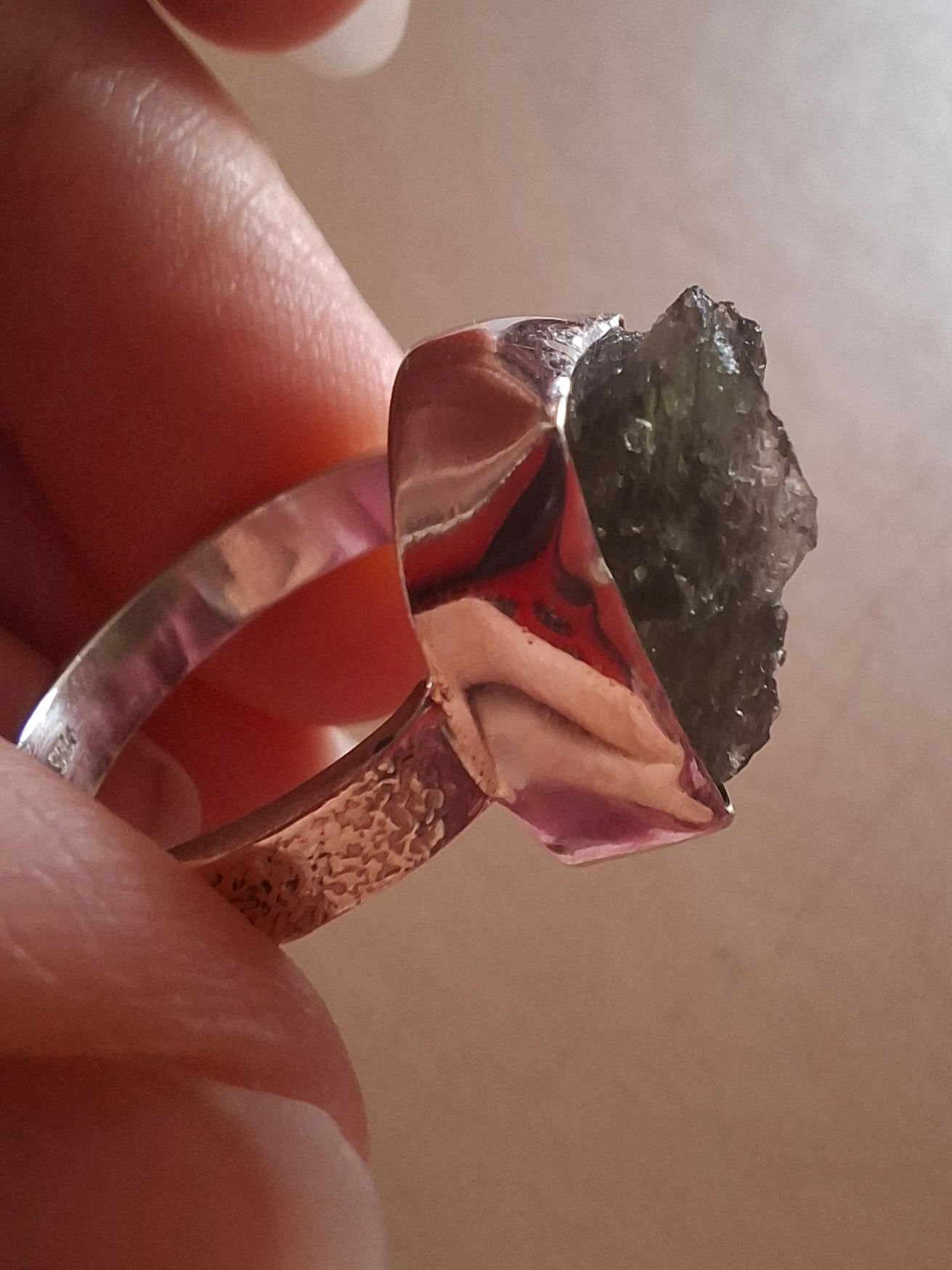 Moldavite Ring, size K, 925 Silver, Tektite (Ref: R302)