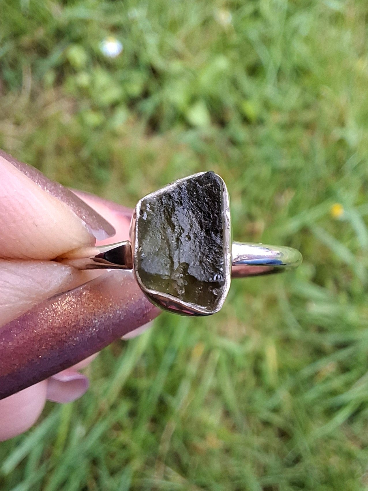 Moldavite Ring, size small W, 925 Silver, Tektite (Ref: R59)