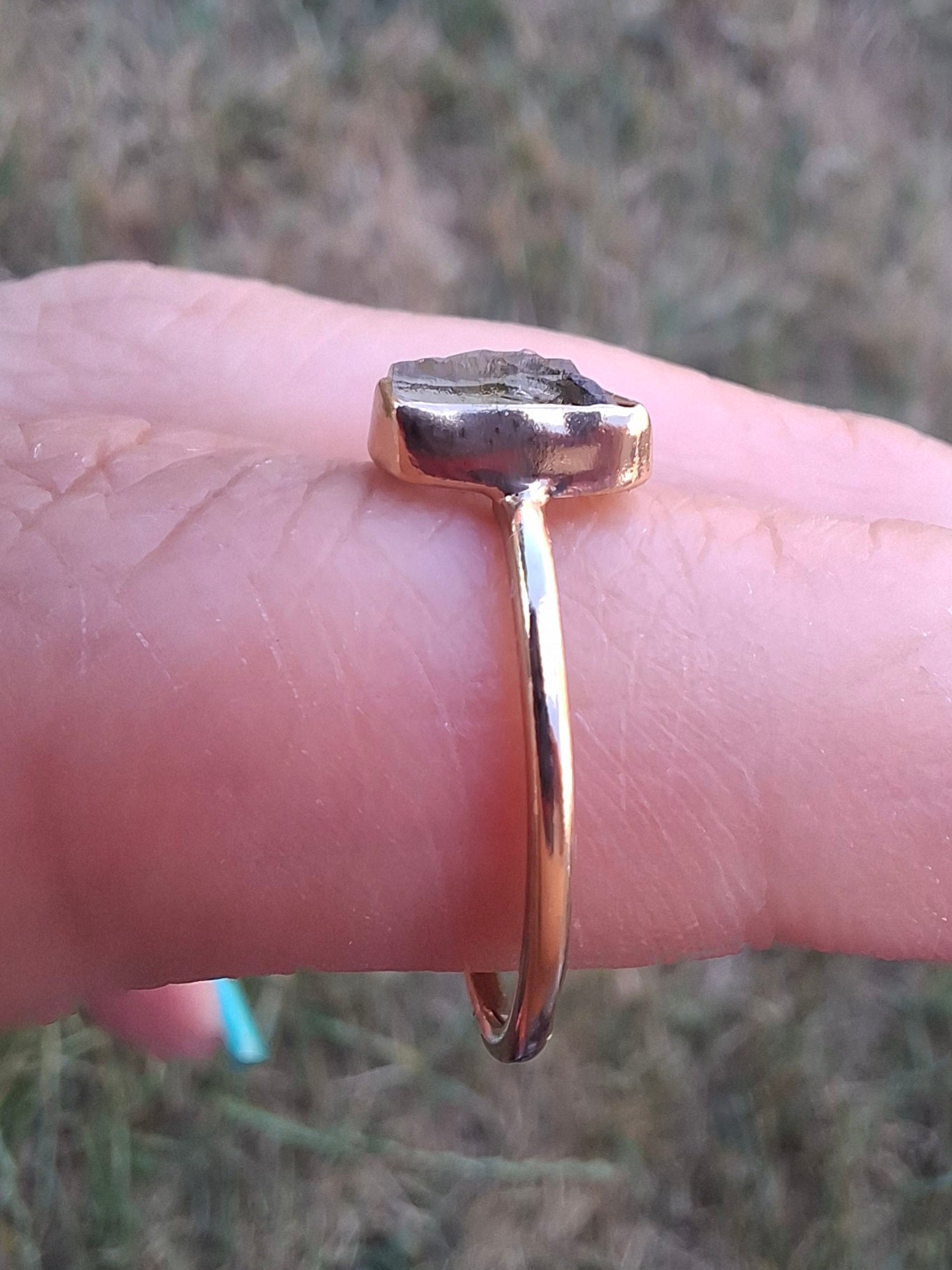 Moldavite Ring, 14K GOLD Plated, size large M, Tektite (Ref: R341)