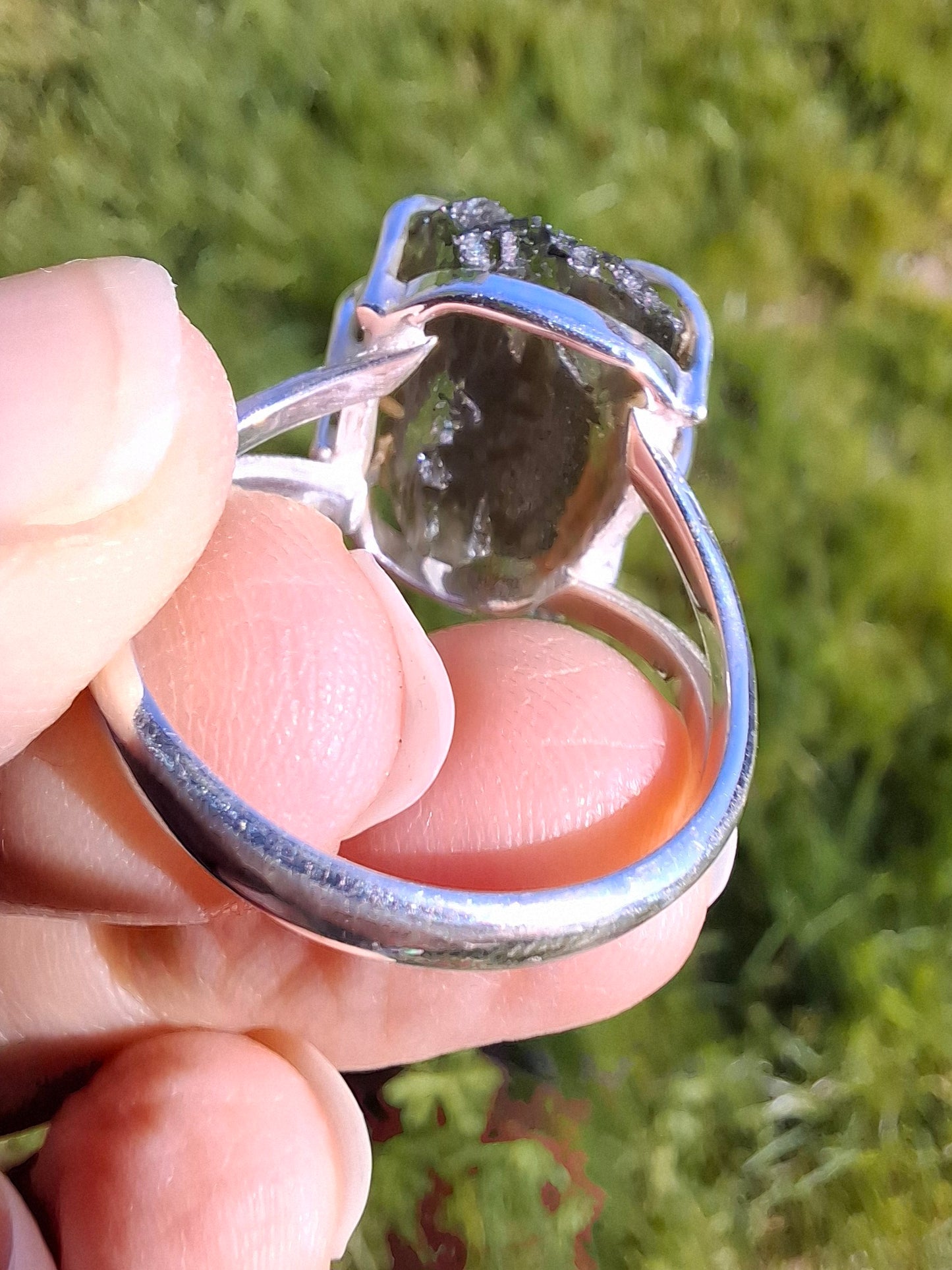 Moldavite Ring, size S, 925 Silver, Tektite (Ref: R12)