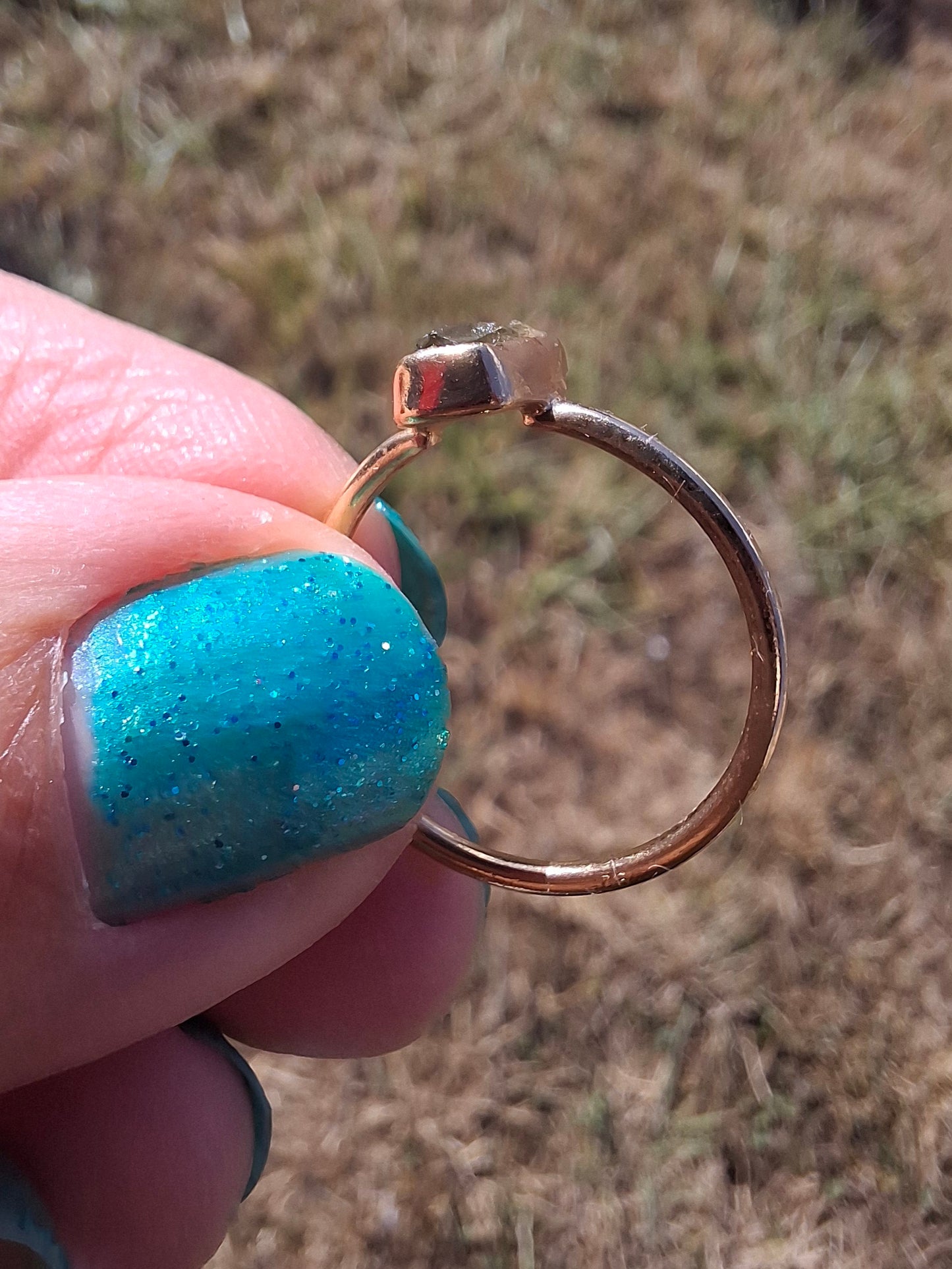 Moldavite Ring, 14K GOLD Plated, size large M, Tektite (Ref: R341)