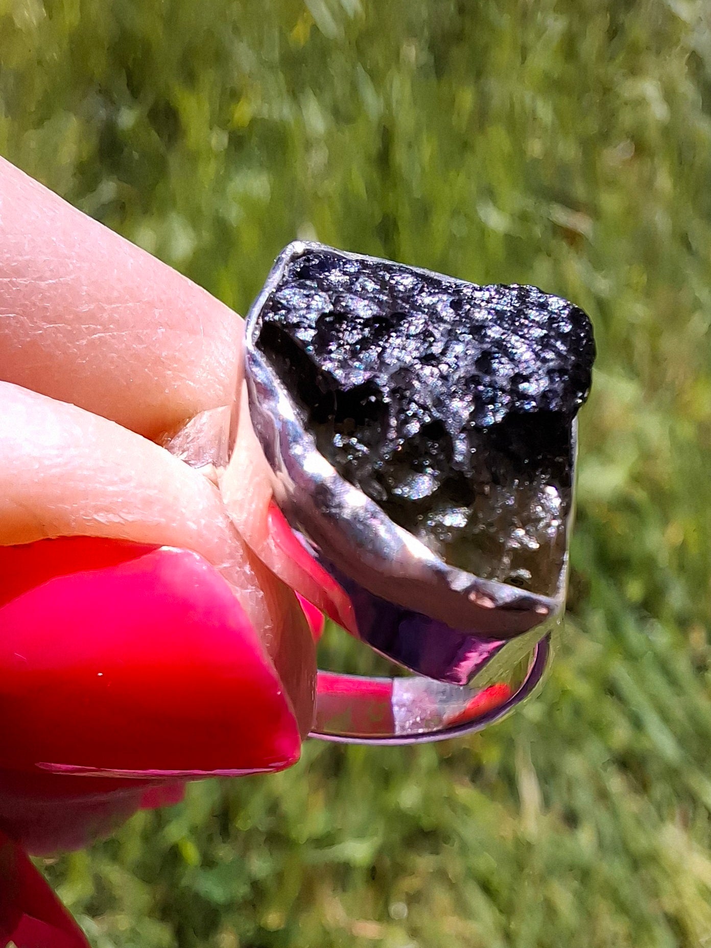 Moldavite Ring, size P, 925 Silver, Tektite (Ref: R314)