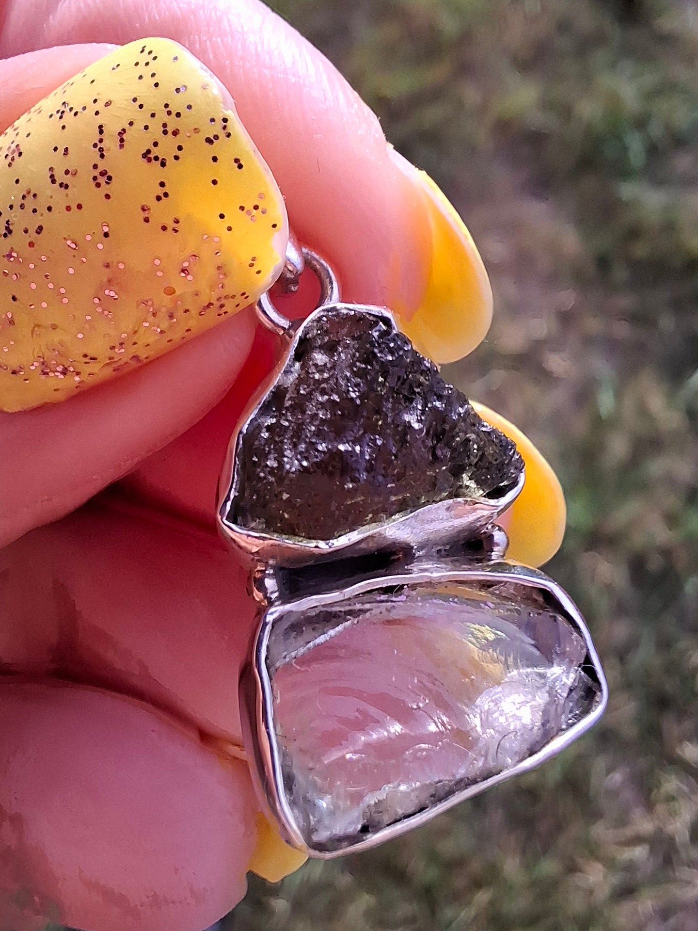 Moldavite & Libyan Desert Glass Pendant, 925 Silver, Tektite (Ref: MLP8)