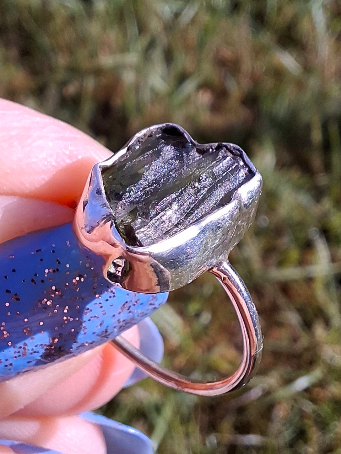 Moldavite Ring, size large N, 925 Silver, Tektite (Ref: R25)