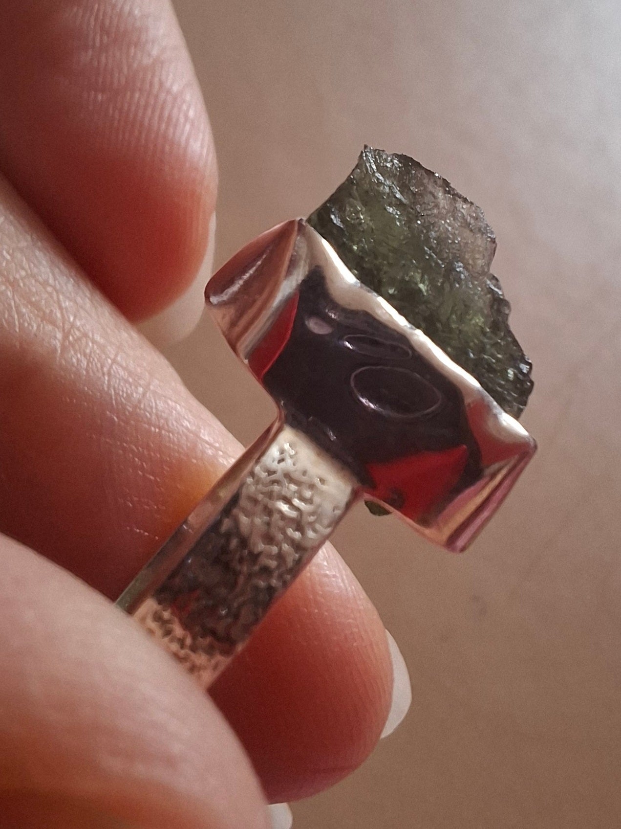 Moldavite Ring, size K, 925 Silver, Tektite (Ref: R302)