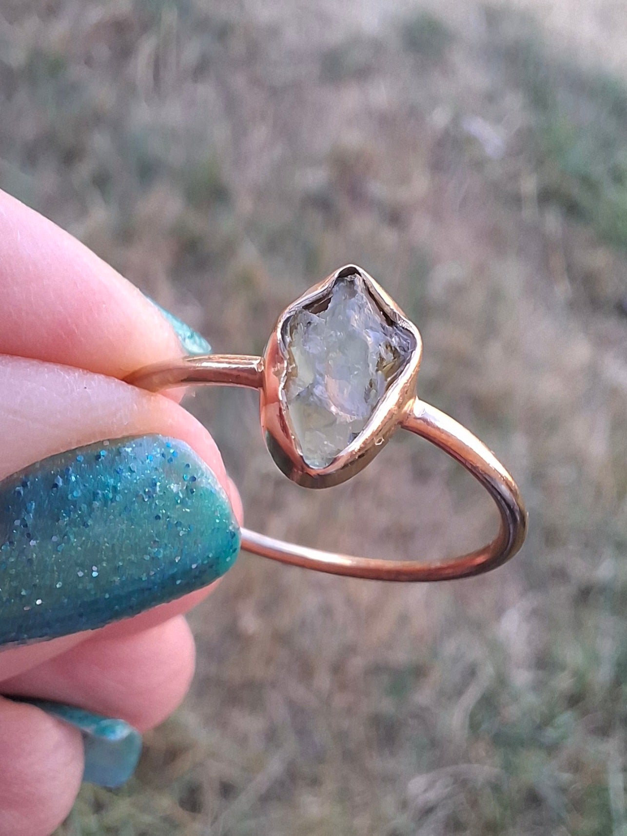 Moldavite Ring, 14K GOLD Plated, size large T, Tektite (Ref: R347)