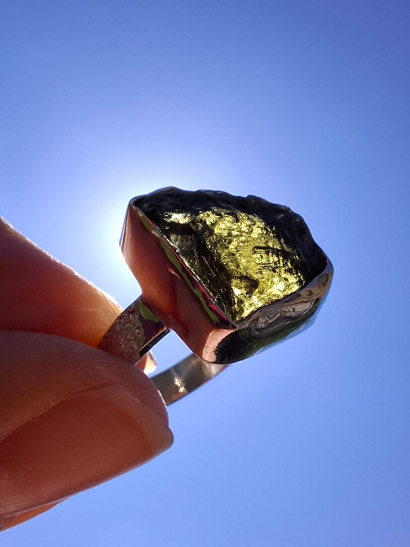 Moldavite Ring, size P, 925 Silver, Tektite (Ref: R314)