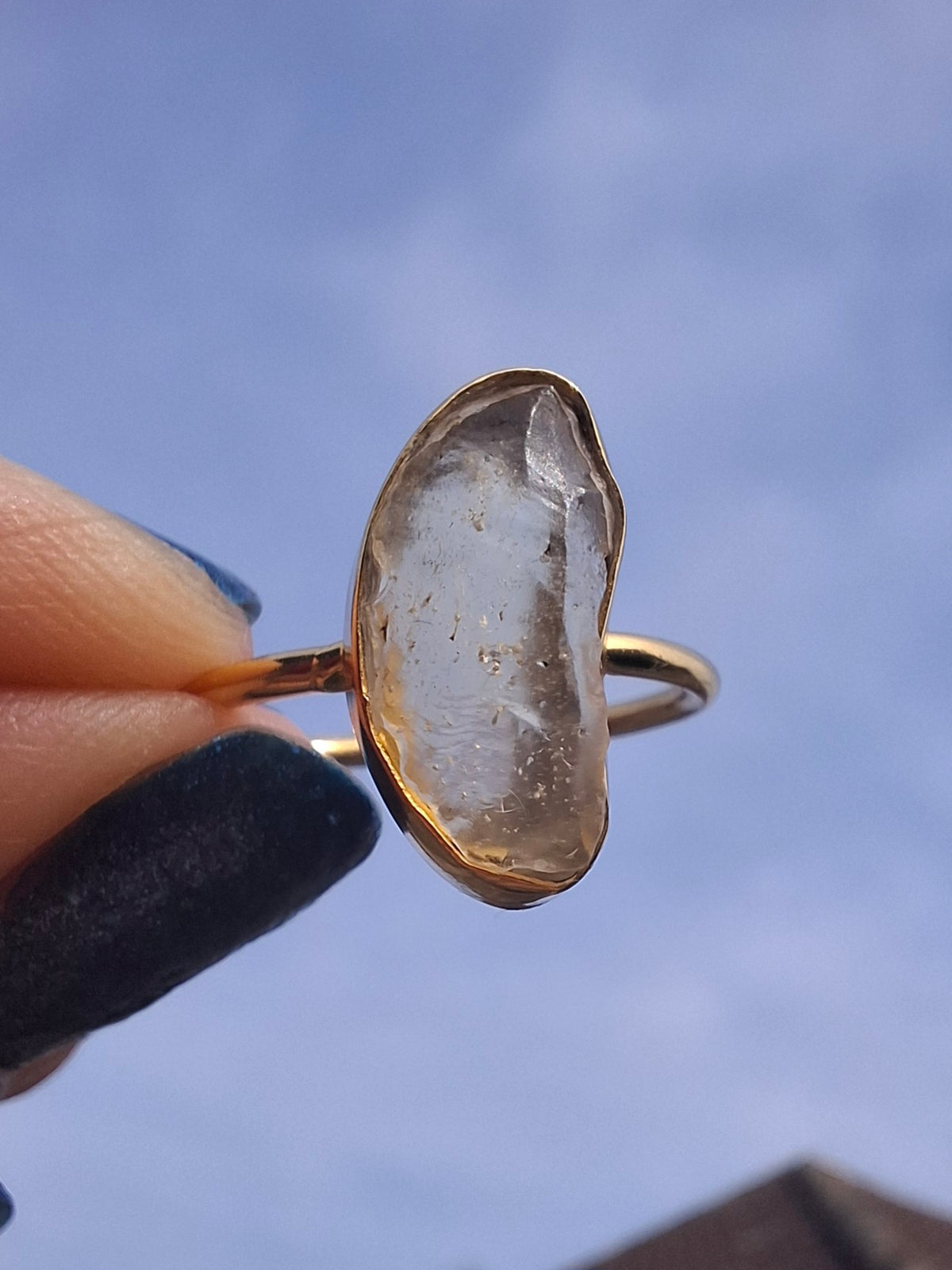 Libyan Desert Glass Ring, 14K GOLD Plated, size Q, Tektite (Ref: LR77)