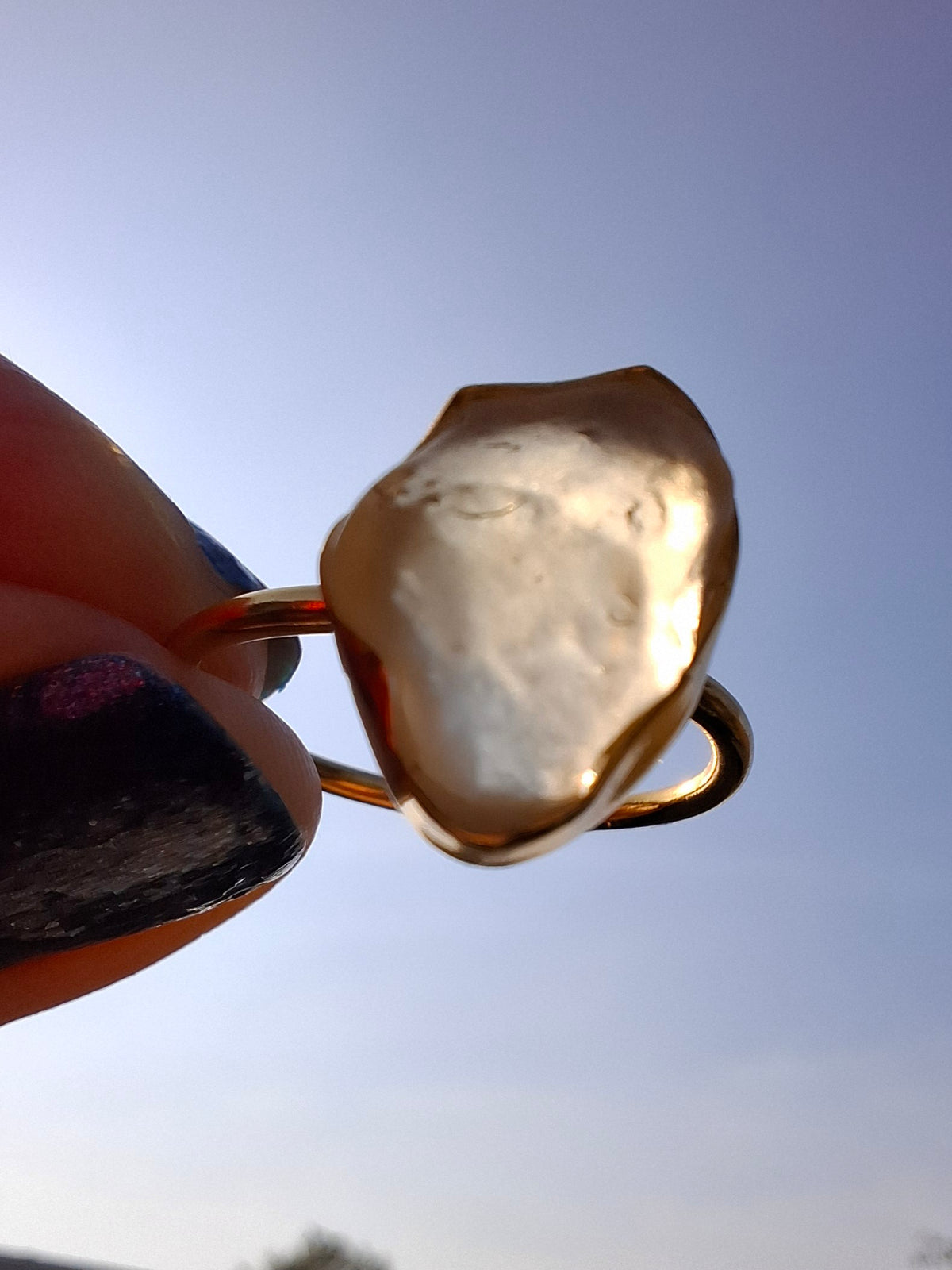Libyan Desert Glass Ring, 14K GOLD Plated, size large P/small Q, Tektite (Ref: LR73)