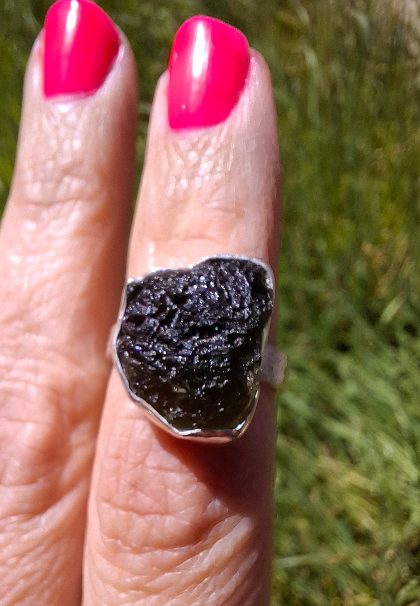 Moldavite Ring, size K, 925 Silver, Tektite (Ref: R300)