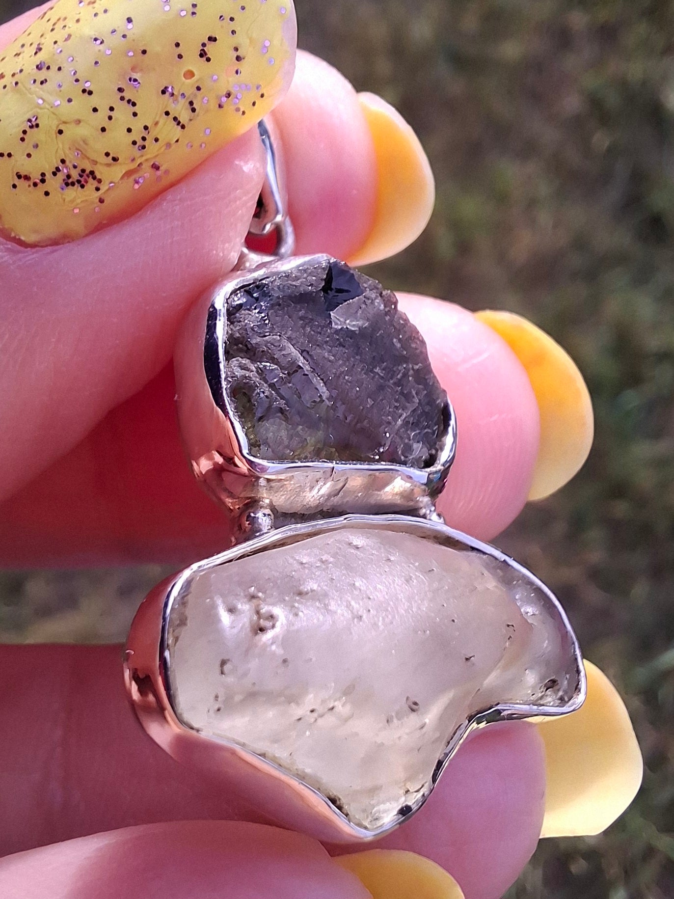 Moldavite & Libyan Desert Glass Pendant, 925 Silver, Tektite (Ref: MLP10)