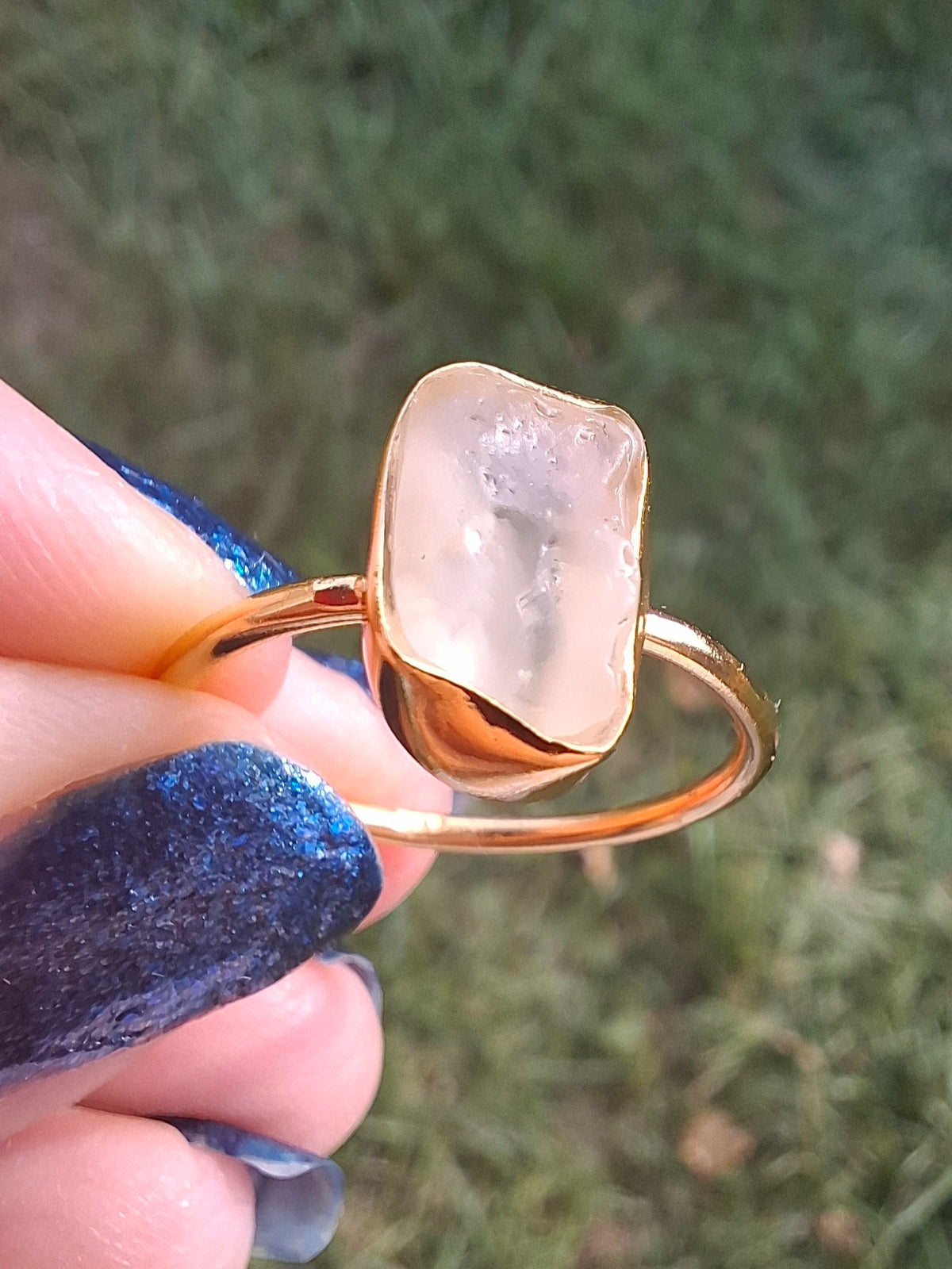 Libyan Desert Glass Ring, 14K GOLD Plated, size large Q, Tektite (Ref: LR64)