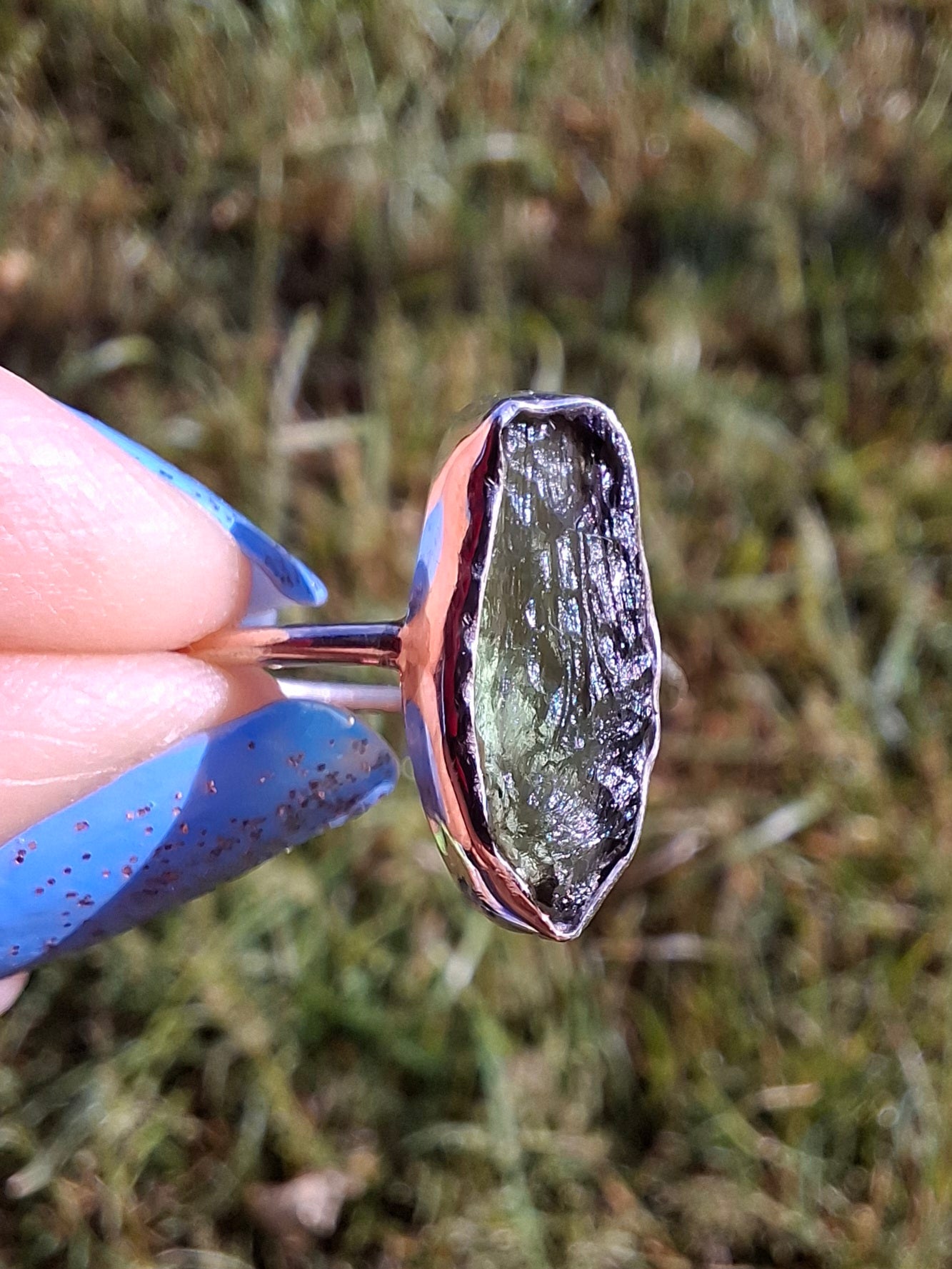 Moldavite Ring, size large R, 925 Silver, Tektite (Ref: R27)