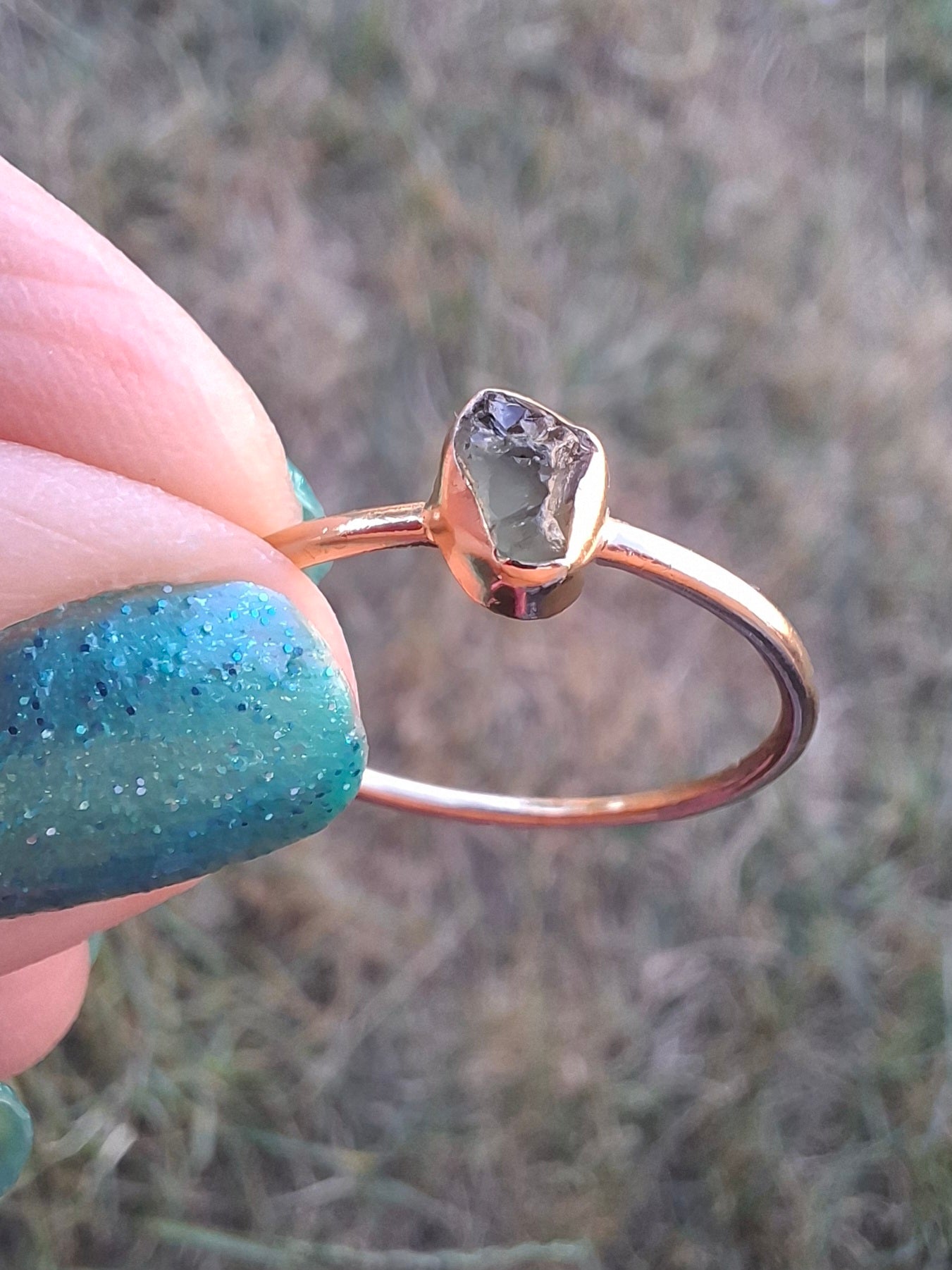 Moldavite Ring, 14K GOLD Plated, size large T, Tektite (Ref: R350)