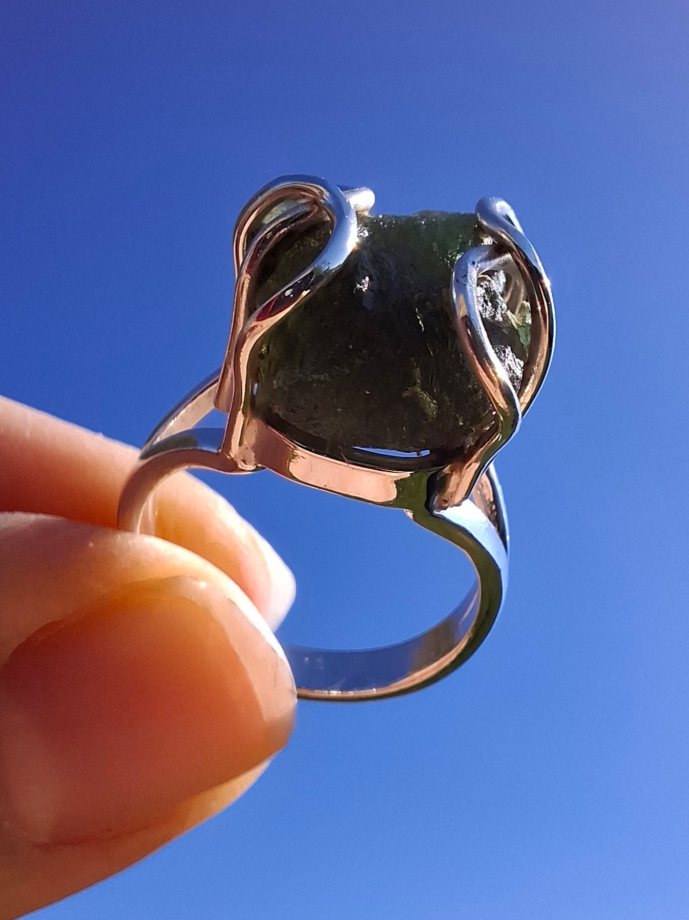 Moldavite Ring, size M, 925 Silver, Tektite (Ref: R5)