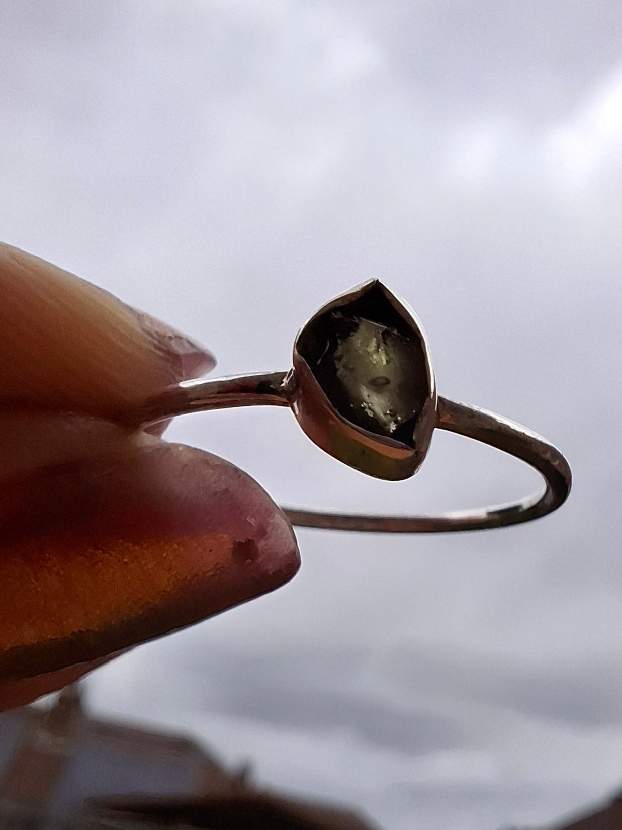 Moldavite Ring, size large T, 925 Silver, Tektite (Ref: R70)